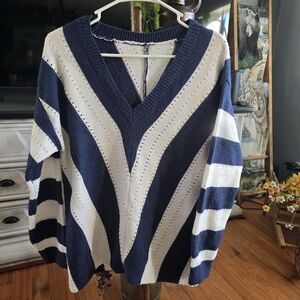 Navy and White Striped V-Neck Sweater